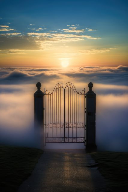 Ornate iron gate surrounded by mist with sun rising over a sea of clouds. Captivating gateway leading to unknown, perfect for themes like mystery, tranquility, dreamlike landscapes, travel inspiration, or spiritual journeys. Use in calendars, inspirational posters, website backgrounds, or fantasy book covers.