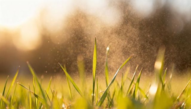 Backlit dew on grass blades at golden hour with glowing bokeh and soft sunlight