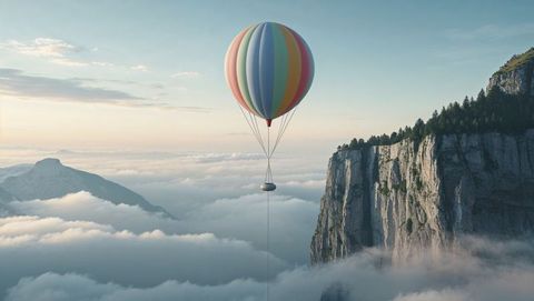 Hot Air Balloon with Vibrant Colors Gliding Above Sunrise Clouds