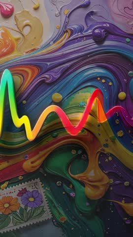 Neon Waveform Pulsing Over Vibrant Paint Swirling Background Vertical Video