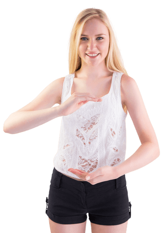 Blonde Woman in White Top Presenting with Transparent Hands Gesture - Download Free Stock Videos Pikwizard.com