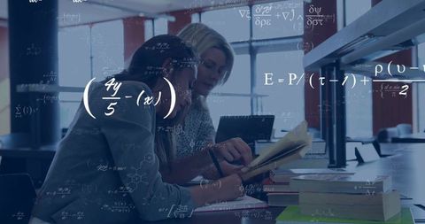 Student and tutor collaborating over math notes with formula overlay, laptop and notebooks