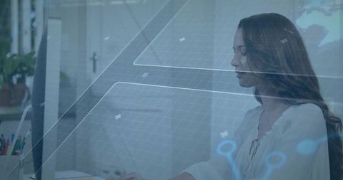 Young professional engaging with virtual interface in modern office