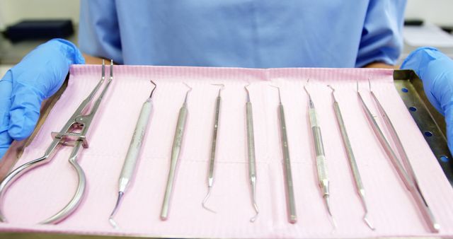 Dentist holding a tray of sterilized dental tools arranged neatly on a pink dental bib. Instruments include dental mirrors, probes, and forceps, indicating preparation for a dental procedure. Useful for illustrating dental hygiene practices, professional healthcare environments, sterilization importance, and dental clinic settings.