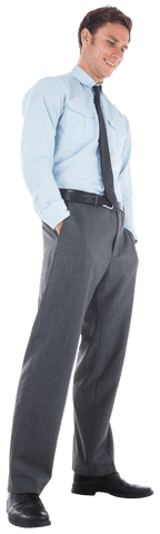 Transparent Vest Clad Businessman Smiling with Hands in Pockets