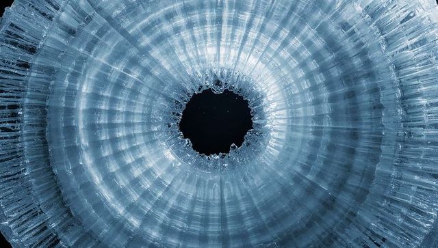 Backlit concentric ice ring radiating frosted crystal ribs with jagged central hole