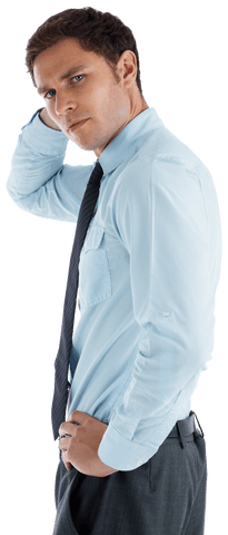 Contemplative Businessman in Blue Shirt on Transparent Background