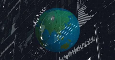Rotating 3d earth with interactive data visualization dashboard showing global analytics