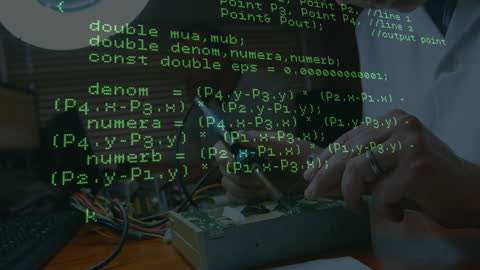 Engineer Programming Circuit Board with Data Overlay