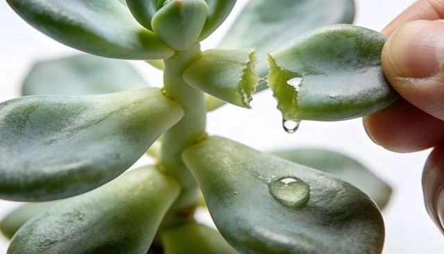 Pinching succulent leaf with hanging water droplet, close-up propagation and sap detail