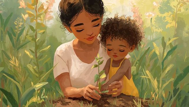Mother and Daughter Planting Seedling in Lush Garden Environment