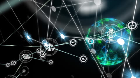 Digital Network Icons and Globes in Motion Across Black Background