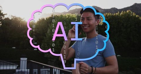 Asian man talking on smartphone with colorful AI thought bubble on balcony