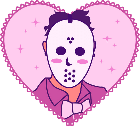 Cartoon hockey mask figure with pink heart backdrop, transparent background
