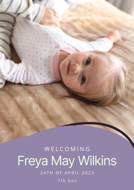 Composition of welcoming freya may wilkins text over caucasian baby on purple background - Download Free Stock Videos Pikwizard.com
