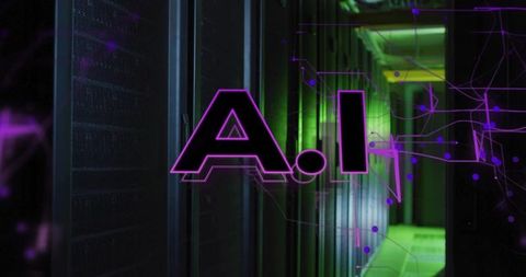 Neon AI lettering glowing over server racks with purple circuit overlay in data center