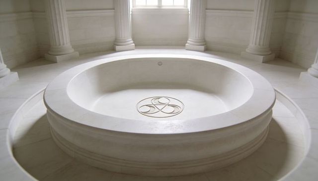 Sunken marble rotunda basin with central medallion and classical fluted columns