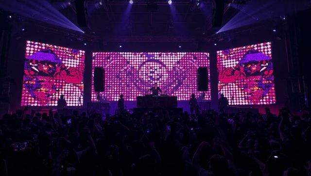 DJ performing on illuminated stage with LED visuals, crowd silhouettes and concert lights