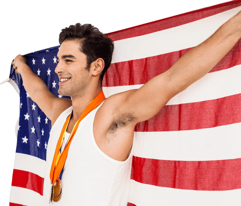 victorious athlete holding american flag with gold medals transparent - Download Free Stock Videos Pikwizard.com