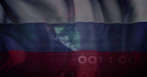Waving tricolor flag revealing wolf face and binary circuitry overlay, glowing moody blue