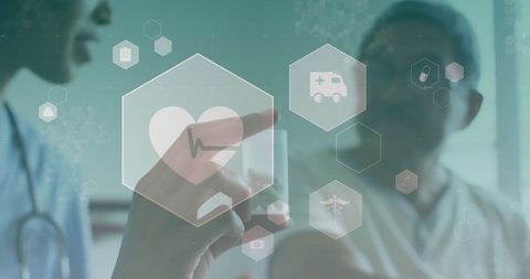 Digital Interface with Medical Icons Overlaying Doctor-Patient Interaction