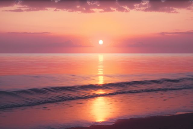 A tranquil sunset over the ocean with gentle waves washing onto the shore. The sky displays warm hues of pink and orange, creating a serene and calming atmosphere. Ideal for use in nature blogs, relaxation themes, travel websites, or as a calming background.