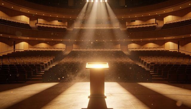 Empty auditorium lectern bathed in warm spotlights and dusty light beams