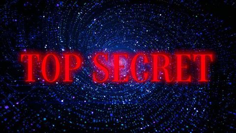 Neon TOP SECRET text hovering over glowing cyber data tunnel with digital vortex