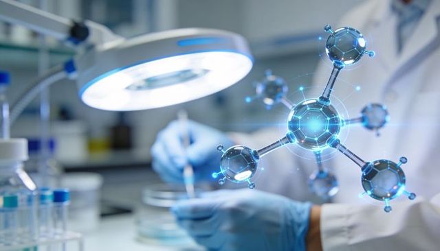 Scientist handling petri dish while holographic molecular model hovering above laboratory bench