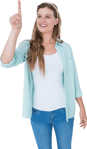 smiling woman pointing upward, making invisible interactive touch - Download Free Stock Videos Pikwizard.com