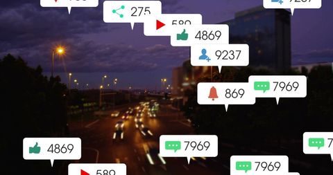 Social Media Notifications Overlay on Busy Night Traffic