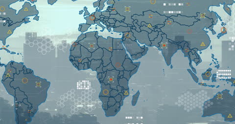 Futuristic World Map and Data Overlay with Urban Backdrop