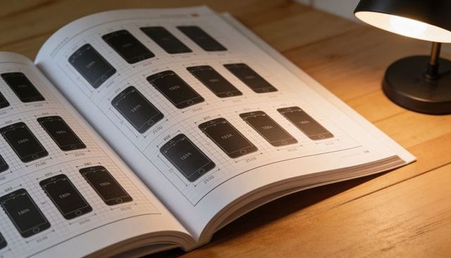 Technical manual showing smartphone blueprint pages on wooden desk with lamp glow