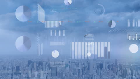 Data Visualizations Overlaying Urban Skyline for Technology Concepts