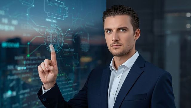 Businessman interacting with futuristic holographic display technology concept