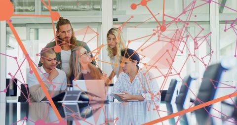 Diverse team engaging in creative business solutions with digital overlay