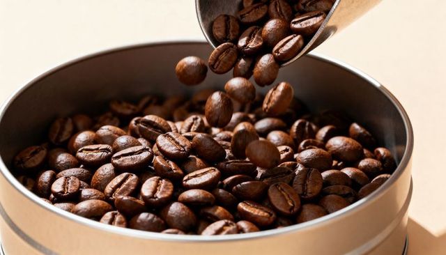 Pouring roasted coffee beans into metal tin with shining scoop, closeup macro texture