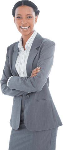 Smiling Businesswoman in Gray Suit Posing Transparent Background