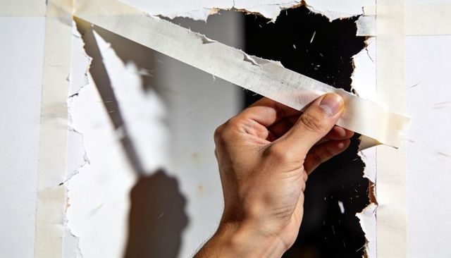 Closeup hand peeling masking tape from torn interior wall revealing frayed edges, shadow