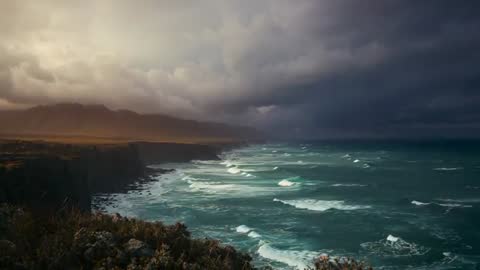 Dramatic Coastal Cliffs Battered by Ocean Waves under Stormy Skies