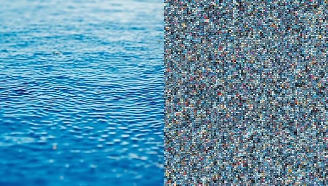 Split Blue Rippling Water and Colorful Mosaic Grid Creating Bold Abstract Contrast