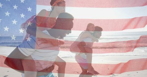 Diverse Friends Enjoying Beach Overlaid with American Flag - Download Free Stock Images Pikwizard.com