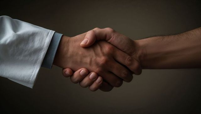 Doctor and client handshake conveying trust, partnership and professional agreement