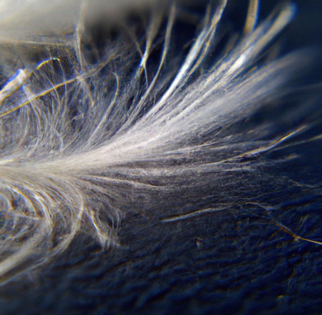 Close-up feather's intricate details against dark background suggest softness, fragility. Ideal for nature themes, relaxation, serenity, backgrounds, textiles, graphic design, and artistic projects.