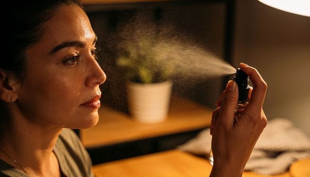 Misting face with hydrating facial spray at home vanity in warm intimate light