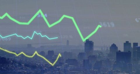Neon Market Lines Rising and Falling Over Urban Skyline Overlay for Finance Analytics