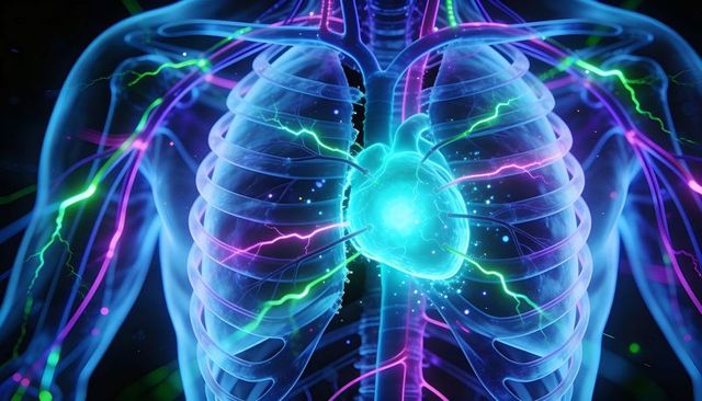 Neon Pulsing Heart Inside Translucent Thorax Showing Vascular, Neural and Rib Anatomy