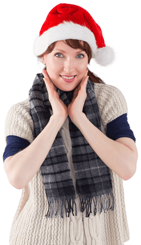 Smiling Woman in Santa Hat Celebrating Christmas Season on Transparent Background