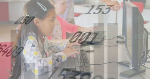 Schoolchildren learning technology interface with digital data overlay
