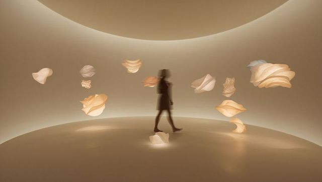 Silhouette Woman Walking in Curved Minimalist Space with Floating Petal Lights